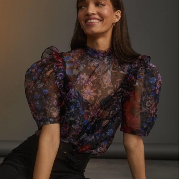 ANTHROPOLOGIE | MAEVE Floral Organza Puff Sleeve Blouse Women’s Size Medium - Picture 2 of 13
